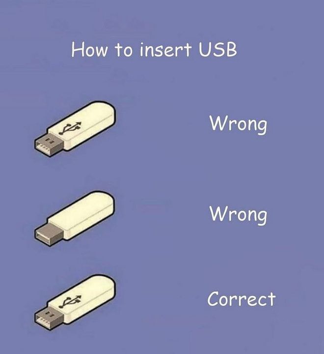 USB fob right-side up labeled wrong, right side down labeled wrong, right side up labeled correct.