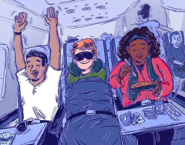 An illustration shows the interior of an airplane cabin with three passengers sharing a row. On the left, in the window seat, a man in a white shirt is holding his arms above his head as if he were riding a roller coaster as the plane encounters turbulence. In the middle seat, a smiling man with red hair wears an eye shade and is swaddled in a cozy blanket. In the aisle seat, a woman wearing a pink shirt is happily enjoying a dish of airplane food. In the background, other passengers have scared looks on their faces. An illustration shows the interior of an airplane cabin with three passengers sharing a row. On the left, in the window seat, a man in a white shirt is holding his arms above his head as if he were riding a roller coaster as the plane encounters turbulence. In the middle seat, a smiling man with red hair wears an eye shade and is swaddled in a cozy blanket. In the aisle seat, a woman wearing a pink shirt is happily enjoying a dish of airplane food. In the background, other passengers have scared looks on their faces.