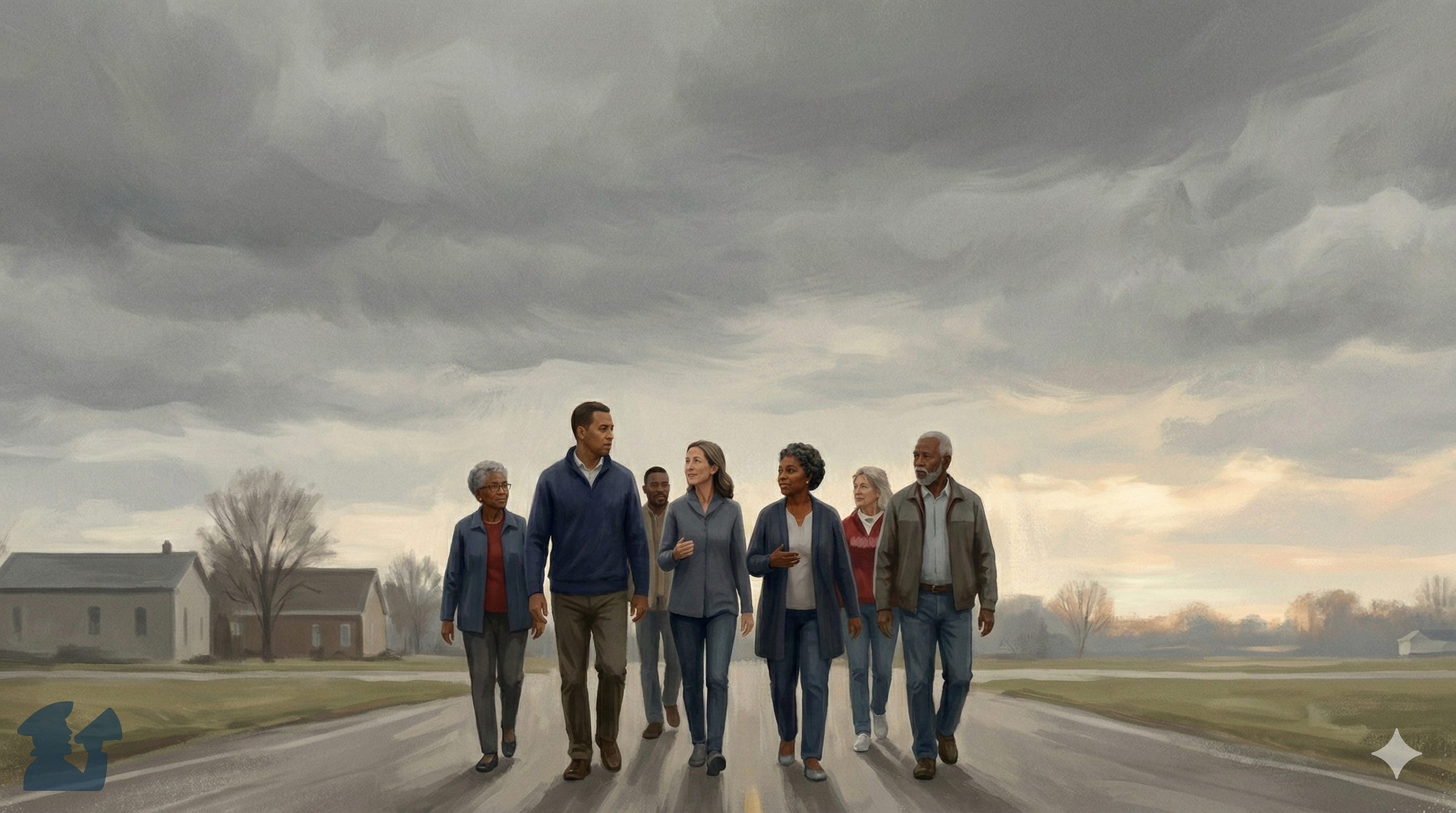 A group of seven diverse people, including men and women of various ages and ethnicities, walk forward together on a rural road towards a dramatic, stormy gray cloudscape. The perspective is a low-angle illustrative painting, emphasizing the group's unity and determination against a moody backdrop with a light horizon. Farmhouse-style buildings and bare trees are visible in the background on both sides of the road.