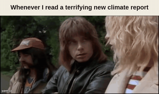 Caption above a still from This Is Spinal Tap: "Whenever I read a terrifying new climate report". Below, three long-haired band members sit outdoors, one in a red cap, staring blankly. A yarn.co watermark sits in the corner.