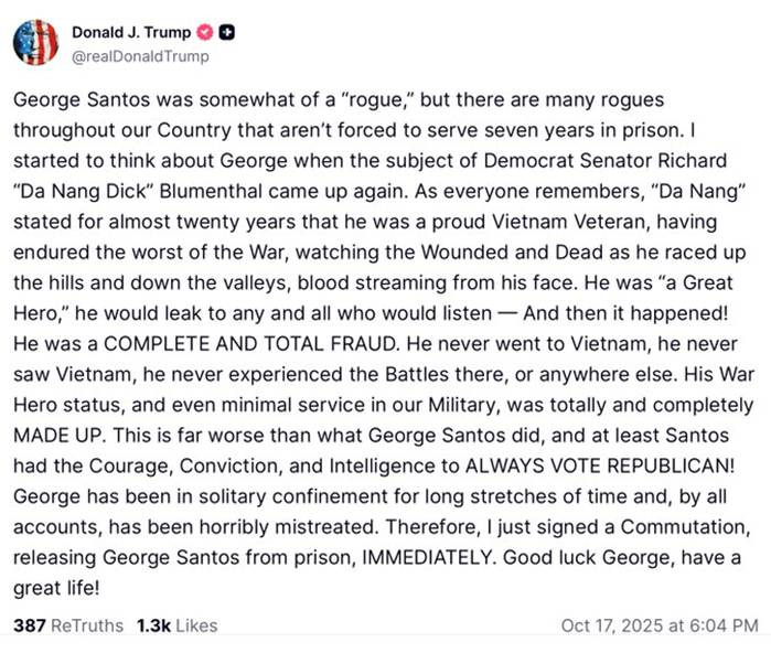 Image displays text from Donald J. Trump at realDonaldTrump account, endorsing George Santos as a Democrat Senator who served in Vietnam War, was wrongfully convicted and imprisoned for seven years, highlighting his heroism in watching wounded and dead, calling for his release and pardon, noting solitary confinement, and urging to free George Santos immediately, with details on his complete fraud conviction and total fraud in Hanoi without military service.