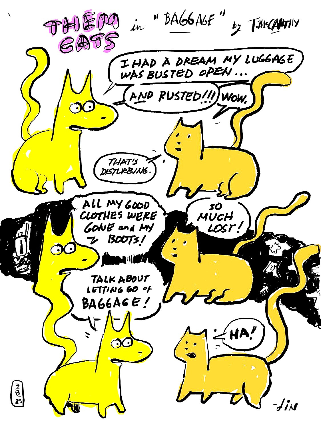 Hand-drawn morning pages comic dated July 8, 2025, titled 'Strange Dream.' Shows artist's dream about rusted, damaged luggage with 'NO GO' sticker and missing belongings. Includes thought bubbles saying 'Strange Dreams' and dialogue about luggage being opened and rusty. Yellow suitcase with radiating lines asks 'Where did everything else go?' Bottom text reads 'They say to write down your dreams. But I write down my gnarliest ones I remember!' Mixed media drawing with selective yellow color highlights.