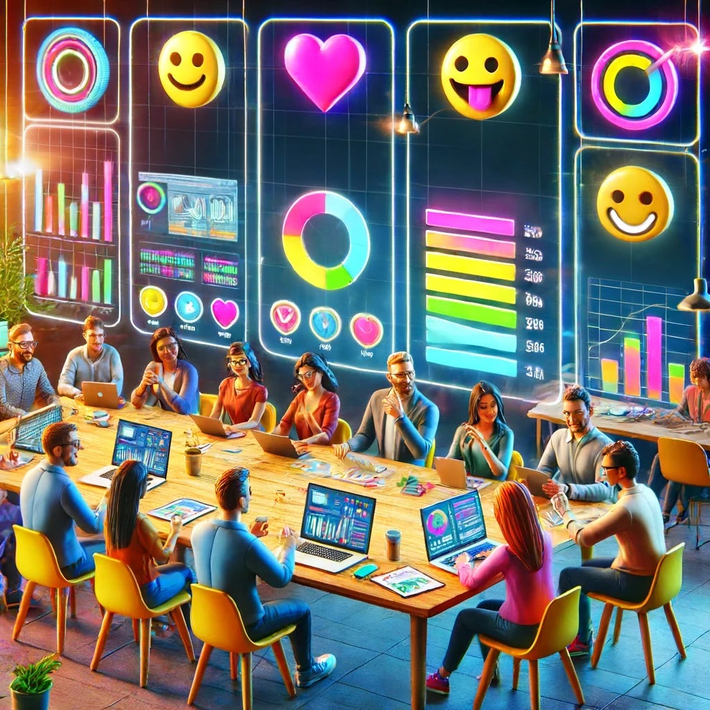 A vibrant and dynamic digital workspace where a diverse team of professionals is collaborating on creating successful digital products. The scene includes team members discussing around a table, using laptops and tablets. On the screens, there are clear charts and graphs showing user engagement metrics, emotional feedback icons like smiles and hearts, and a visible checklist. The atmosphere is vibrant and productive, emphasizing the strong connection between managing user emotions and achieving business success. The entire scene is created in a claymation or 'pate à modeler' style, with bright colors and a playful yet professional design. No text.