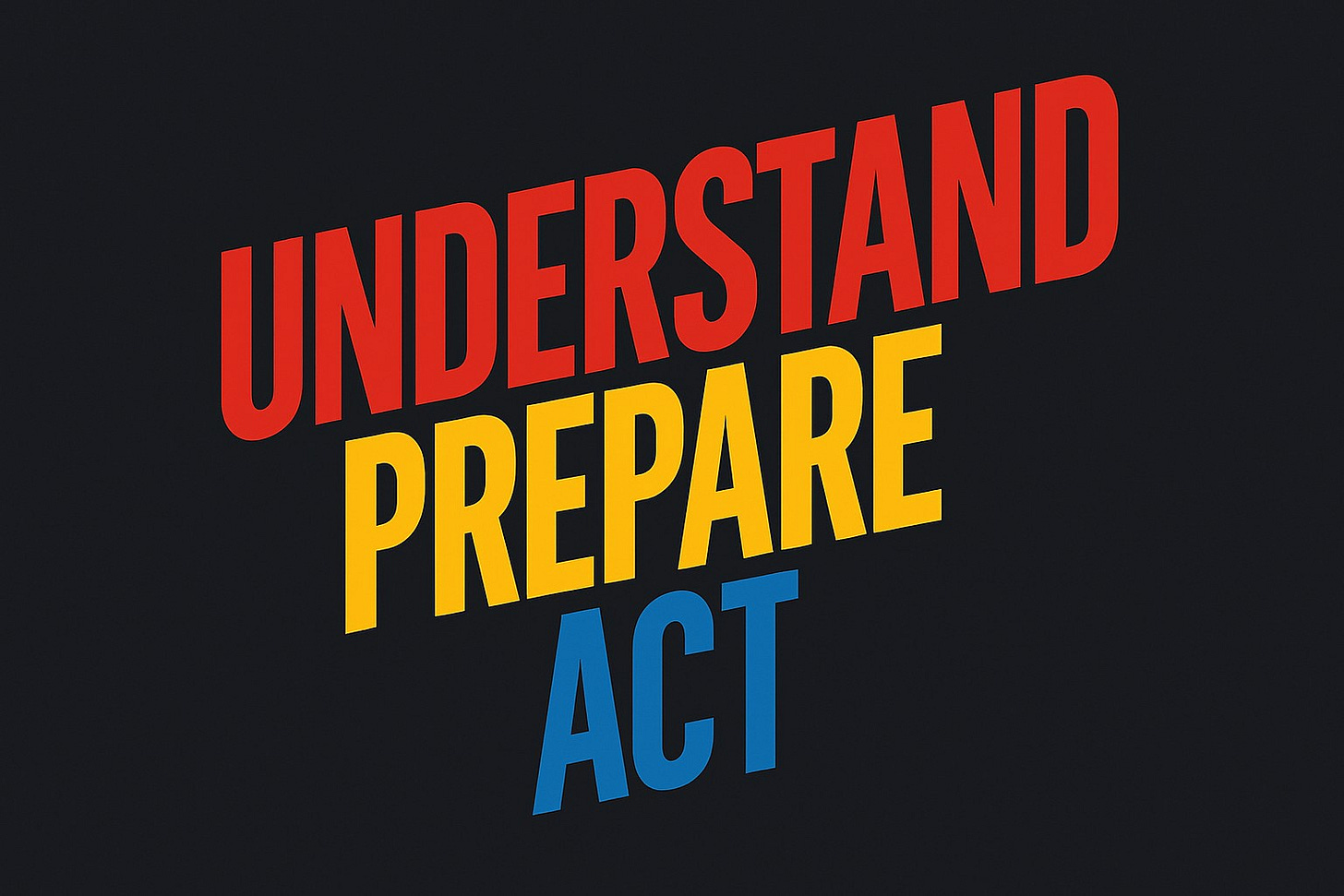 A modern word cloud on a dark background featuring three bold words representing a call to action: 'understand' in red, 'prepare' in yellow, and 'act' in blue.