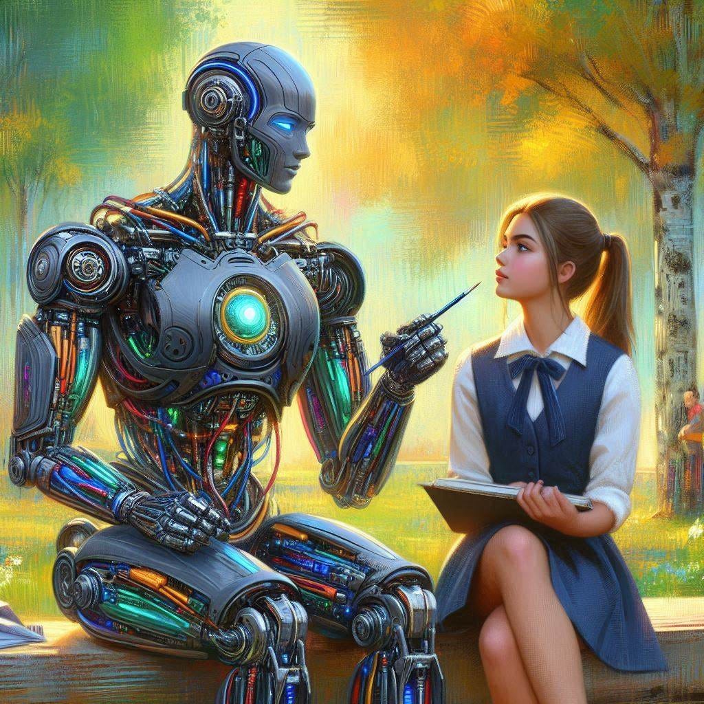 A very high-tech robot tutors an attractive young girl as they are both sitting outside with a beautiful forest behind them. The scene is similar to the classic one of Aristotle instructing Alexander. Slight impressionist style.