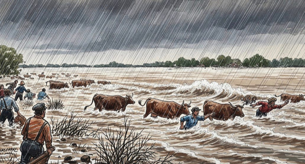 When the levees failed, not just people drowned or fled, it was also their livestock and livelyhoods.