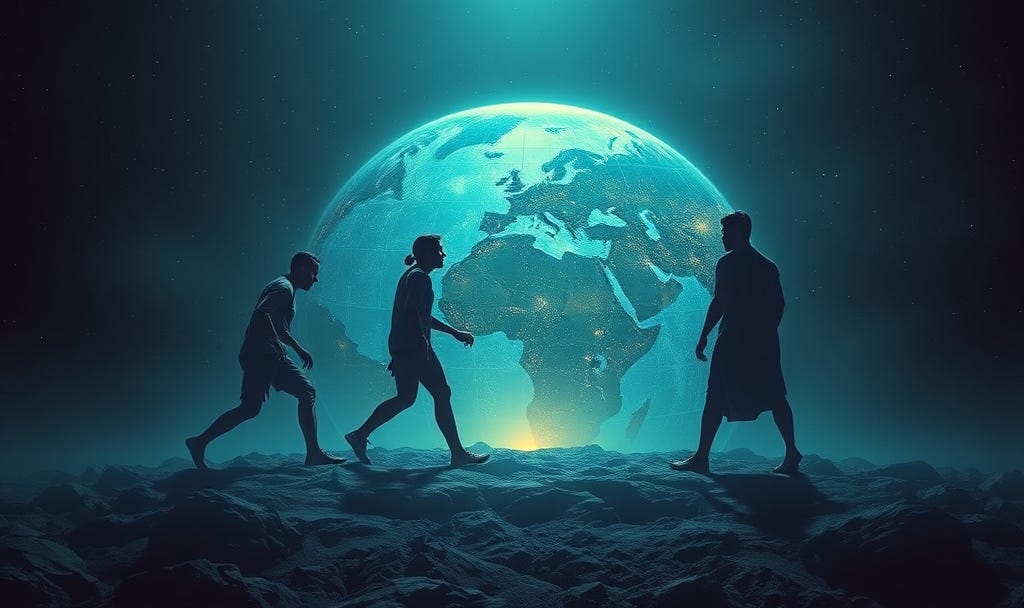 Silhouetted figures of three diverse people walking side by side on a rocky lunar-like surface toward a massive, glowing Earth rising in the starry night sky, symbolizing humanity's journey from tribal origins to global unity and shared compassion. Silhouetted figures of three diverse people walking side by side on a rocky lunar-like surface toward a massive, glowing Earth rising in the starry night sky, symbolizing humanity's journey from tribal origins to global unity and shared compassion.