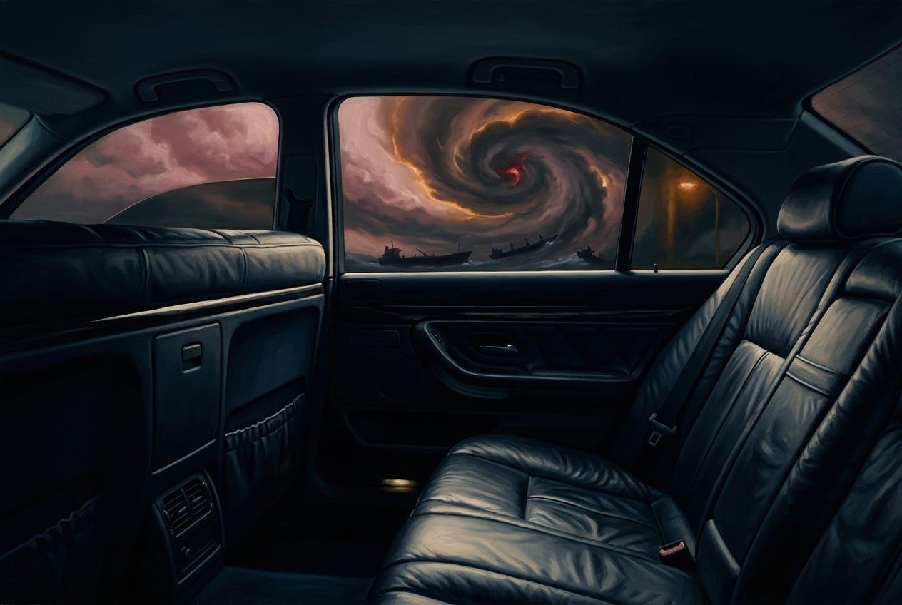Painting of the dark, empty back seat of a car with tinted windows; through the glass, a spiral storm turns over the Strait of Hormuz, pulling oil tankers into its rotation — illustrating Stefan Wolff's argument that no one in Tehran can make a deal with Washington stick.
