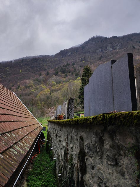 The same view from my study window, from April to June: there is the edge of the cemetery, a workshop roof, and the wooded lower slopes of a mountain, with crags and rock outcrops. The greening of the tree leaves is clear in these images, the colour spreading higher up the mountain with each photograph until, by June, all is green and vibrant.