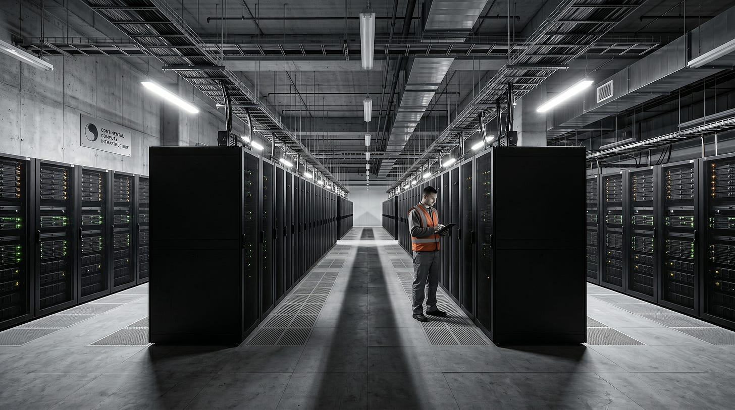 Desaturated interior photograph of a hyperscale data center, long parallel rows of black server racks receding toward a vanishing point, a single technician in a utility vest standing among them for scale.