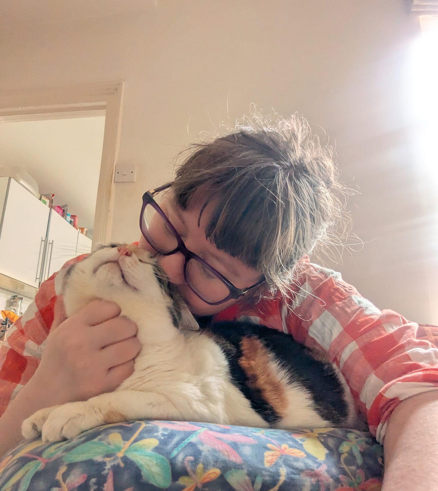 Image description: A selfie of me with Persephone (a calico cat) on a cushion on my lap. We are sitting on the sofa, bathed in an autumn sunshine from one side. She is smooshing her little head up into mine as I pepper her with little kisses. Image description: A selfie of me with Persephone (a calico cat) on a cushion on my lap. We are sitting on the sofa, bathed in an autumn sunshine from one side. She is smooshing her little head up into mine as I pepper her with little kisses.