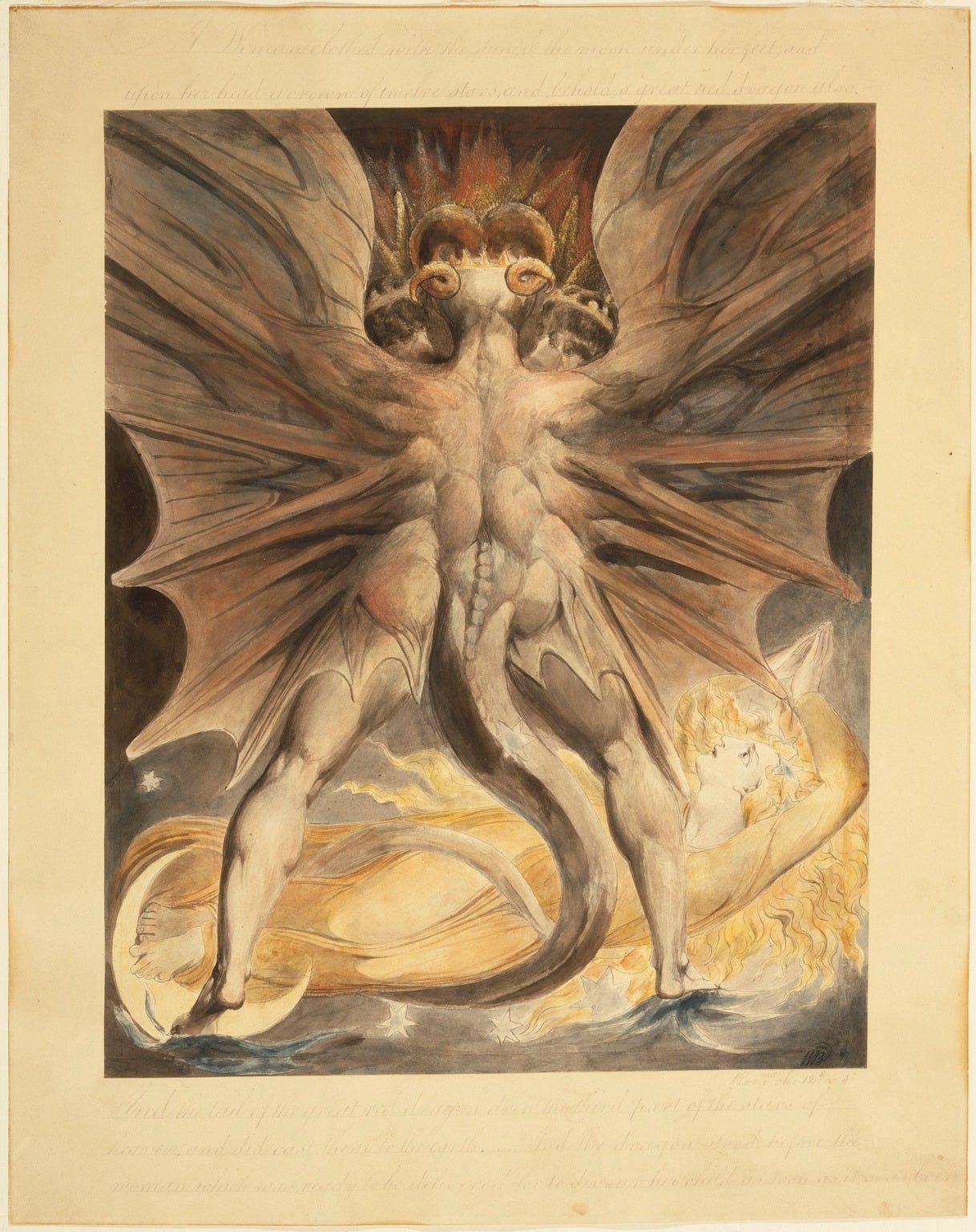 The dragon of Revelation towering over a woman crowned with stars