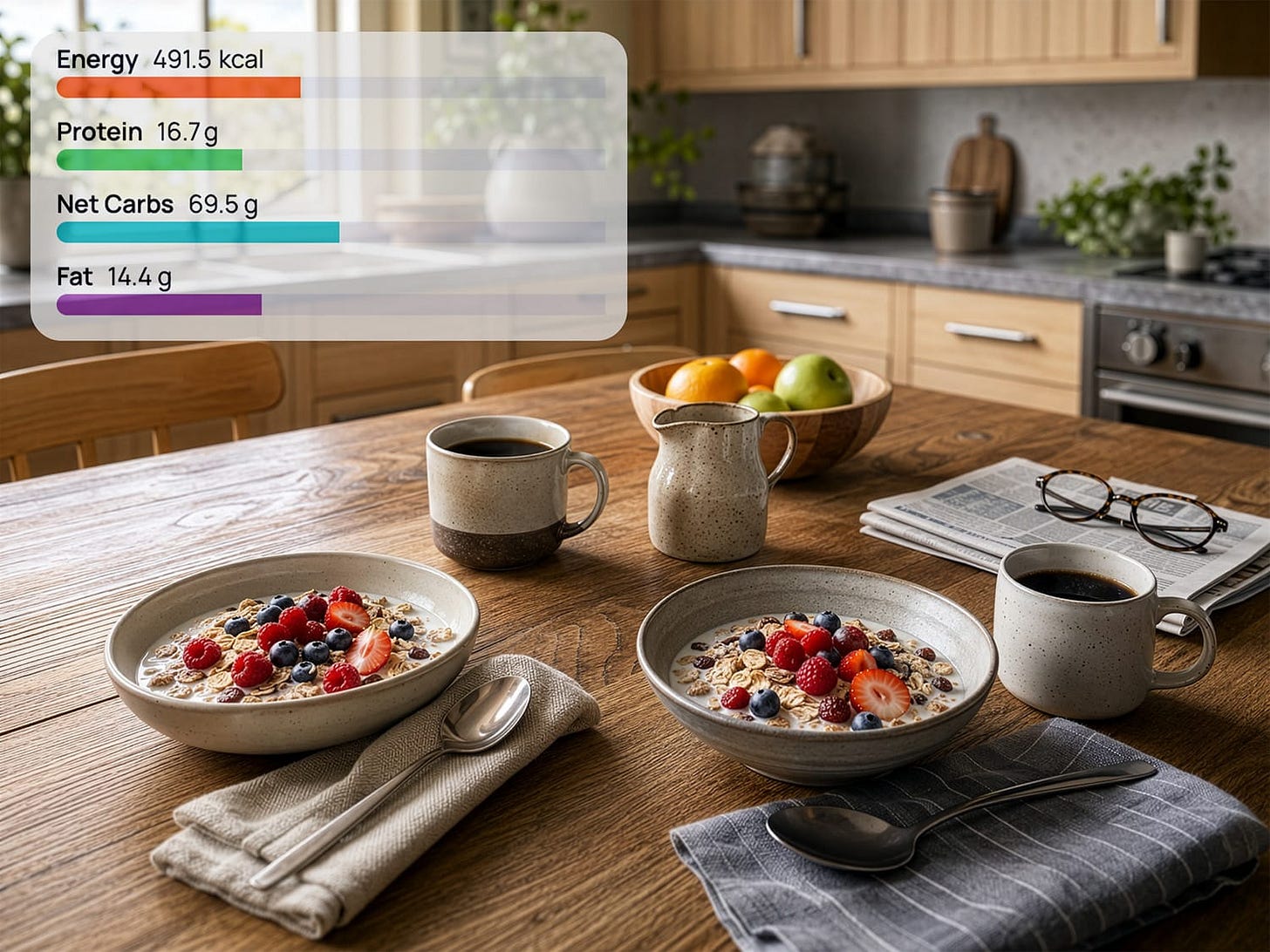 An image of a typical Western healthy breakfast, overlaid with nutritional information, showing it contains only ~17g of protein An image of a typical Western healthy breakfast, overlaid with nutritional information, showing it contains only ~17g of protein