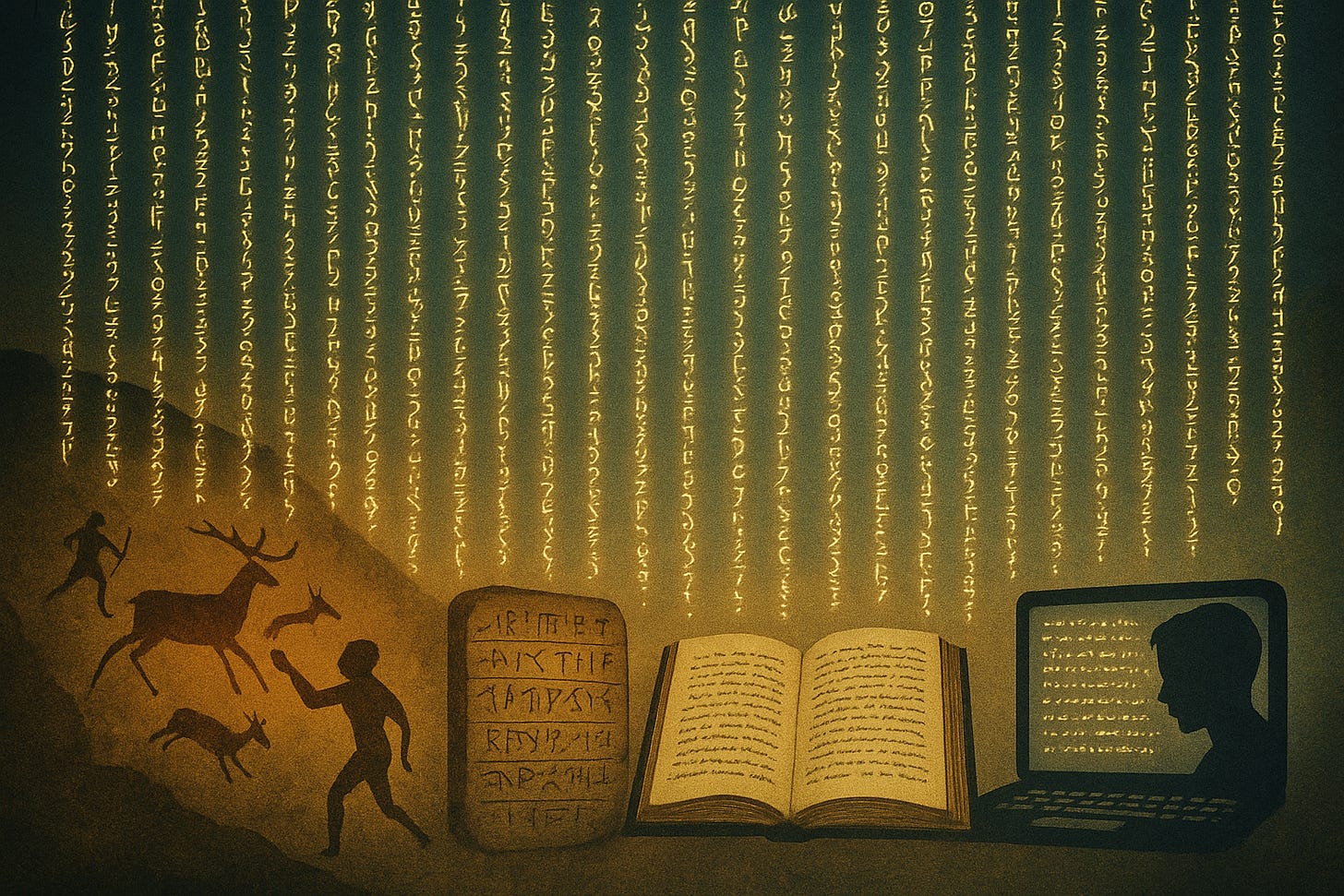 Illustration tracing language across time: cave paintings at left, then a stone tablet with glyphs, an open book, and a laptop with a silhouetted reader. Above, vertical streams of glowing symbols fall like code.