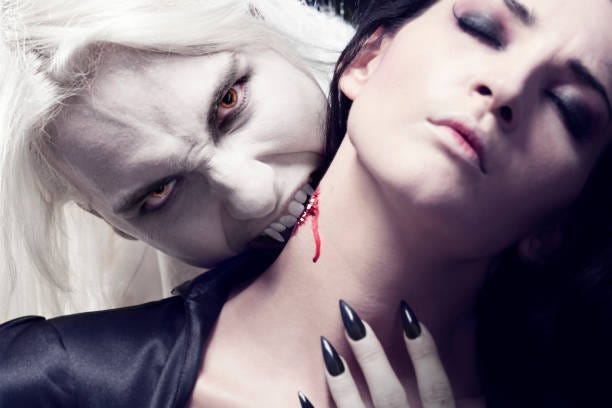 Male Vampire Is Biting A Beautiful Woman Stock Photo - Download Image Now -  Vampire, Biting, Sensuality - iStock