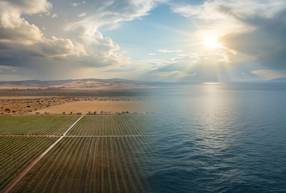 Philippe Heilberg - Stop Reacting to Climate Risk. Image shows a high-angle landscape photograph split into two contrasting halves, illustrating resilience. 