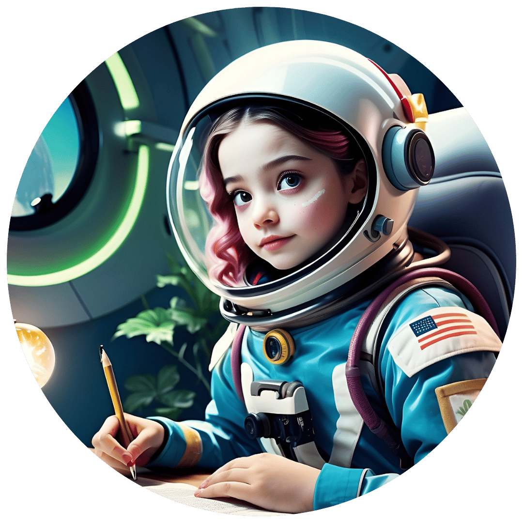 A young girl with pink-tinted hair is wearing a white and blue astronaut suit with an American flag patch on the sleeve. She is seated in a spaceship, holding a pencil, and appears to be writing or drawing on a desk. Her helmet is on, and her face is illuminated by the soft, ambient lighting of the spacecraft. The background features a porthole window with a view of outer space and some green plants, adding a touch of earthiness to the otherwise technological setting.