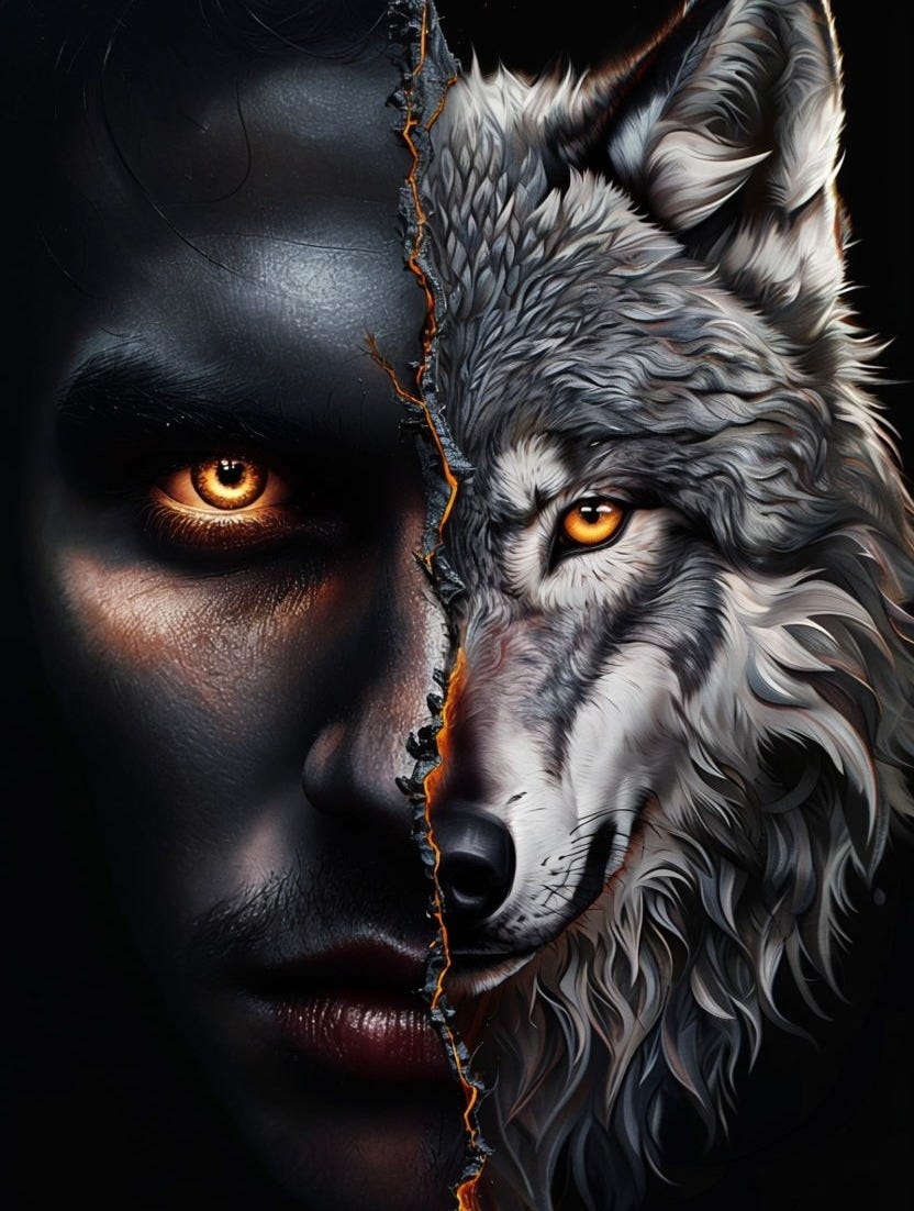 Duality of Man and Wolf Symmetrical Artwork Poster Duality of Man and Wolf Symmetrical Artwork Poster