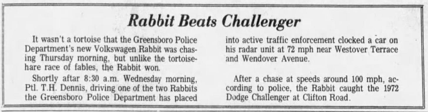 "Rabbit Beats Challenger" headline in Greensboro Daily News "Rabbit Beats Challenger" headline in Greensboro Daily News