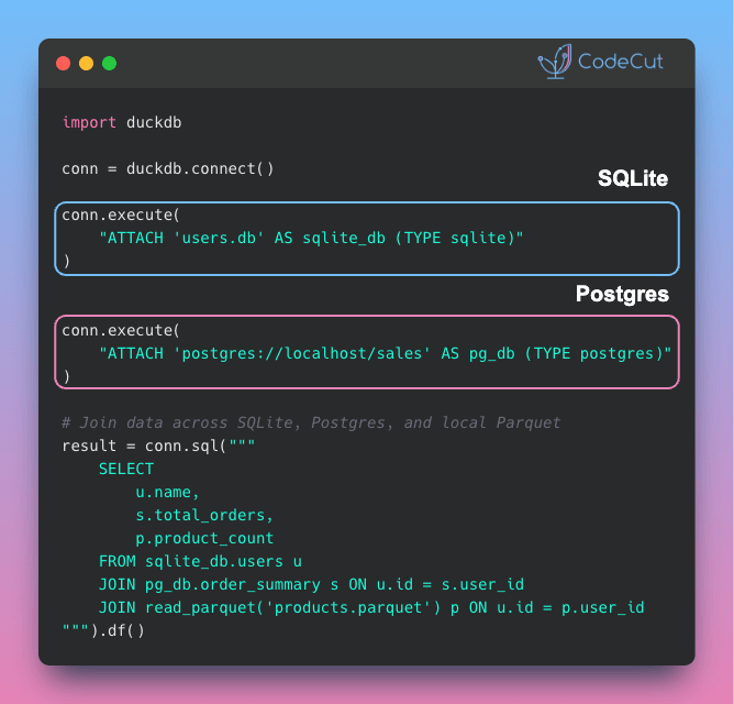 Code example: Query Multiple Databases at Once with DuckDB