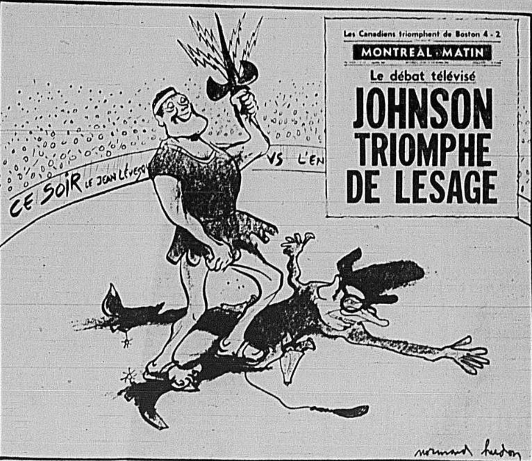 La caricature de Normand Hudon, dans La Presse, au lendemain du débat. On se moque ici du journal Montréal-Matin associé à l'Union nationale. La caricature de Normand Hudon, dans La Presse, au lendemain du débat. On se moque ici du journal Montréal-Matin associé à l'Union nationale.