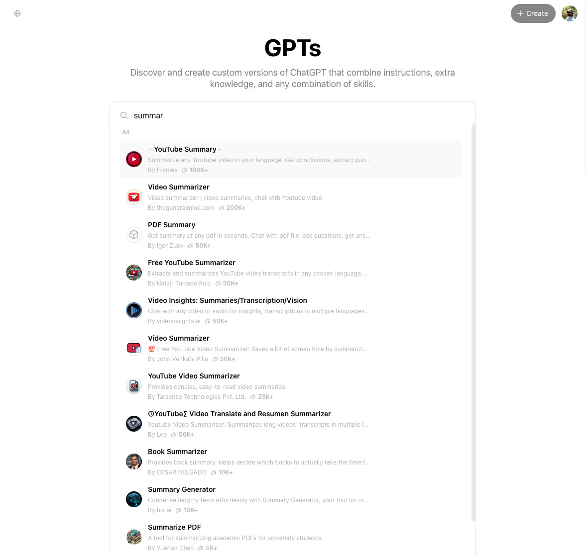 Most popular "summar" GPTs with the top having 200+ and 100+ conversations
