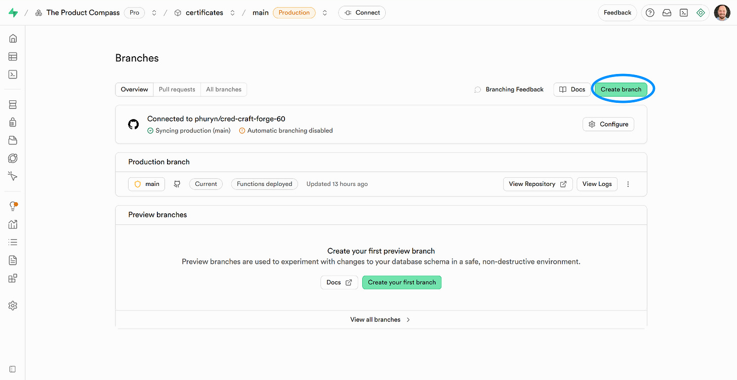 Lovable: Go to Supabase and create a new branch, e.g., ‘test’