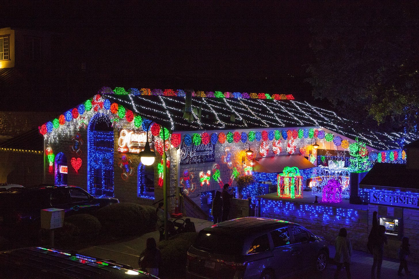 Mozart's Coffee Roasters dressed for the holidays on Lake Austin. Photo: Mozart's Coffee Roasters, public domain, via Flickr