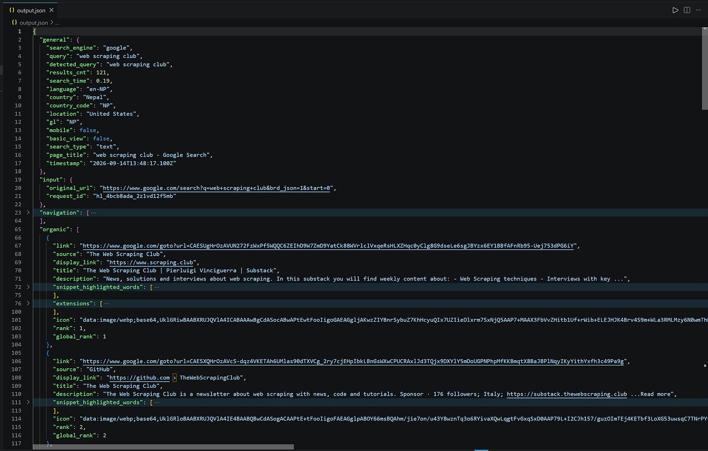 Example output for the “web scraping club” search query using the Bright Data SERP API
