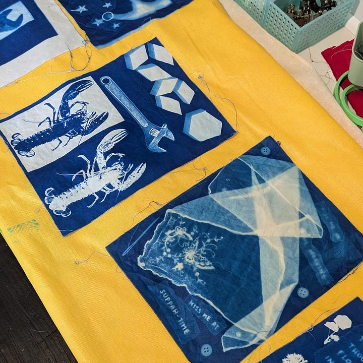 cyanotypes using various objects, a pattern being altered