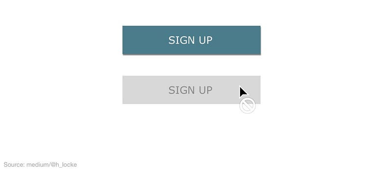 a disabled button with “cursor disabled” mouse hover state