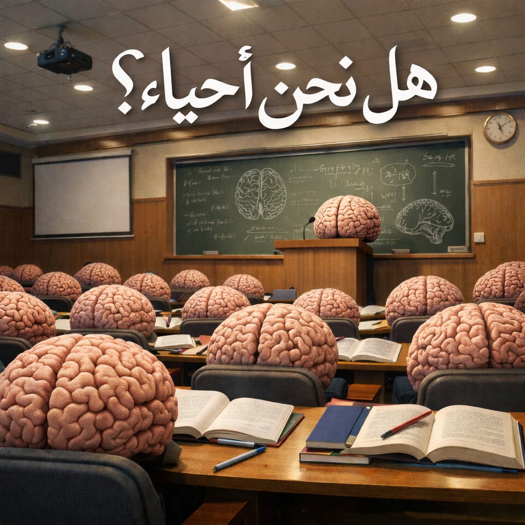 أدمغة بشرية تجلس في قاعة محاضرة كطلاب بينما يلقي دماغ محاضرة أمام سبورة، مع عنوان بارز: "هل نحن أحياء؟"، في تصوير فلسفي يجرد الوعي من الجسد.