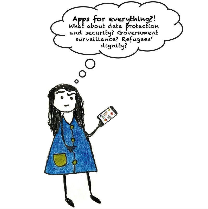 Roya looking at her phone thinking about all the risks of apps for refugees: privacy, security, dignity