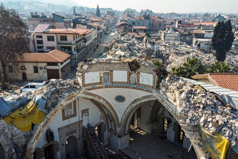 HATAY, ANTAKYA, TURKEY - 2023/02/13: (EDITORS NOTE: Image taken with drone) Antakya Habib-i Neccar Mosque, one of the first mosques built in Anatolia, was destroyed during the earthquake that killed tens of thousands of people in Turkey. The historical Habib-i Najjar Mosque is located in Antakya, Hatay Province, Turkey. It is named after the carpenter Habib'i Neccar or Habib al-Najjar, who lived during the time of Jesus. He was crucified in the early years of Christianity by the pagans who would not accept Christianity. It was built in 636 A.D., and Islam started to spread in Anatolia from here. Habib-ün Naccar, who first believed in the apostles of the Prophet Jesus, was a Martyr praised in the Yasin Sura of the Quran. His Tomb was inside the Mosque. (Photo by Mehmet Malkoç/SOPA Images/LightRocket via Getty Images)