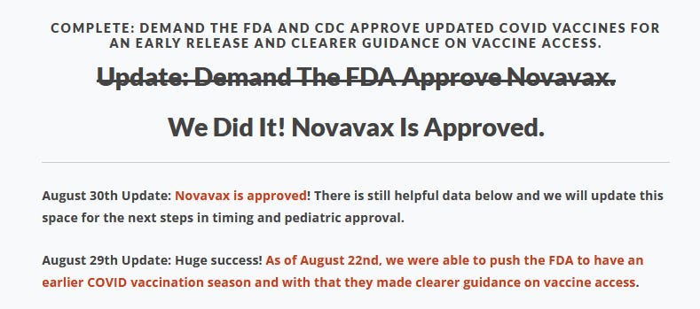 Screenshot showing success of the previous petition which included updates and changes as each step of approval was met. Screenshot from actionnetwork.org showing success of the previous petition which included updates and changes as each step of approval was met. "COMPLETE: DEMAND THE FDA AND CDC APPROVE UPDATED COVID VACCINES FOR AN EARLY RELEASE AND CLEARER GUIDANCE ON VACCINE ACCESS."