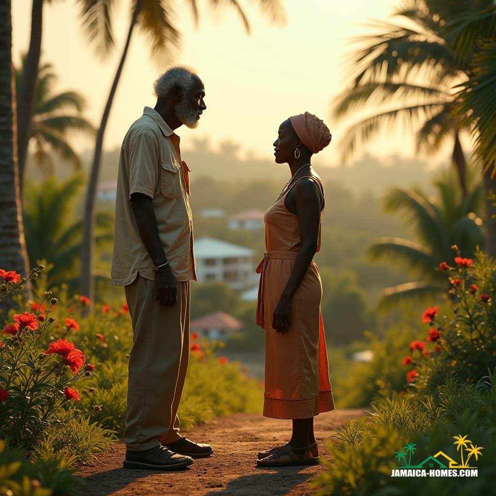 An elderly black man enjoying a beautiful Jamaican property with a tropical garden, symbolizing a generational estate.