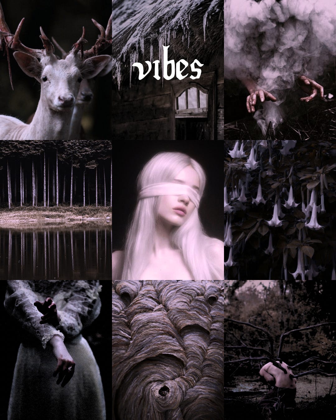 A 3x3 mood board with a white stag, frosty eaves, smoky hands, a dark forest, a girl with her eyes covered, weeping lilies, hands reaching, a hornet's nest, and a man with appendages growing from his back