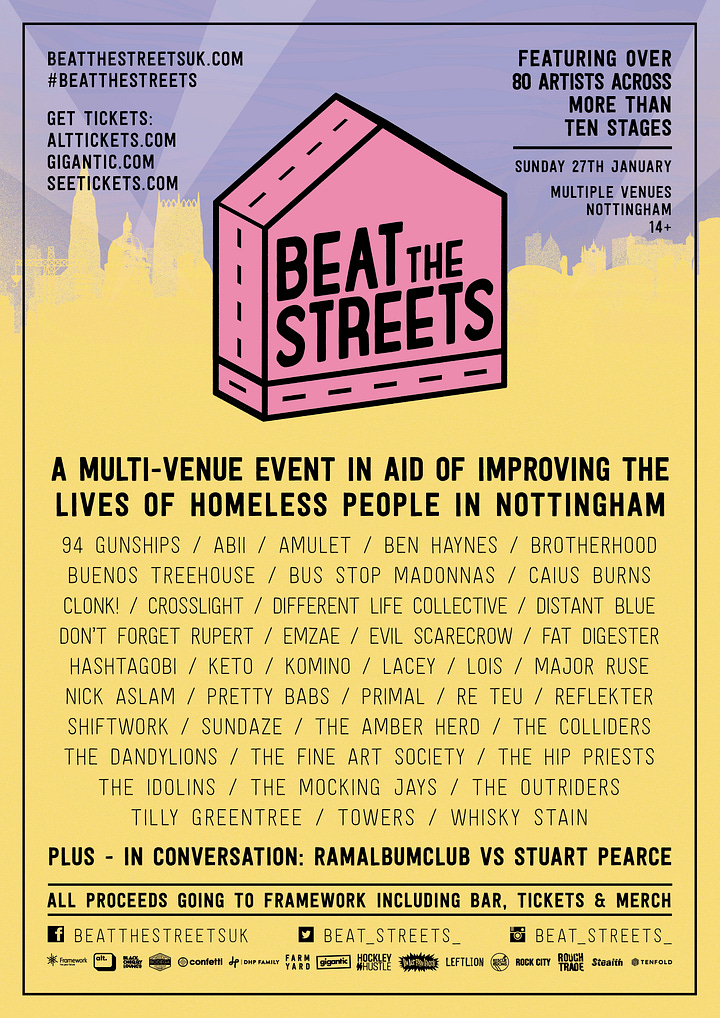 Two graphics - one square instagram graphic saying "I'M PLAYING BEAT THE STREETS!" and the second a line-up poster for the festival. The line-up is as follows: 94 gunships, abii, amulet, ben haynes, brotherhood, buenos treehouse, bus stop madonnas, caius burns, clonk!, crosslight, different life collective, distant blue, don't forget rupert, emzae, evil scarecrow, fat digester, hashtagobi, keto, komino, lacey, lois, major ruse, nick aslam, pretty babs, primal, re teu, reflekter, shiftwork, sundaze, the amber herd, the colliders, the dandylions, the fine art society, the hip priests, the idolins, the mocking jays, the outriders, tilly greentree, towers and whisky stain. 