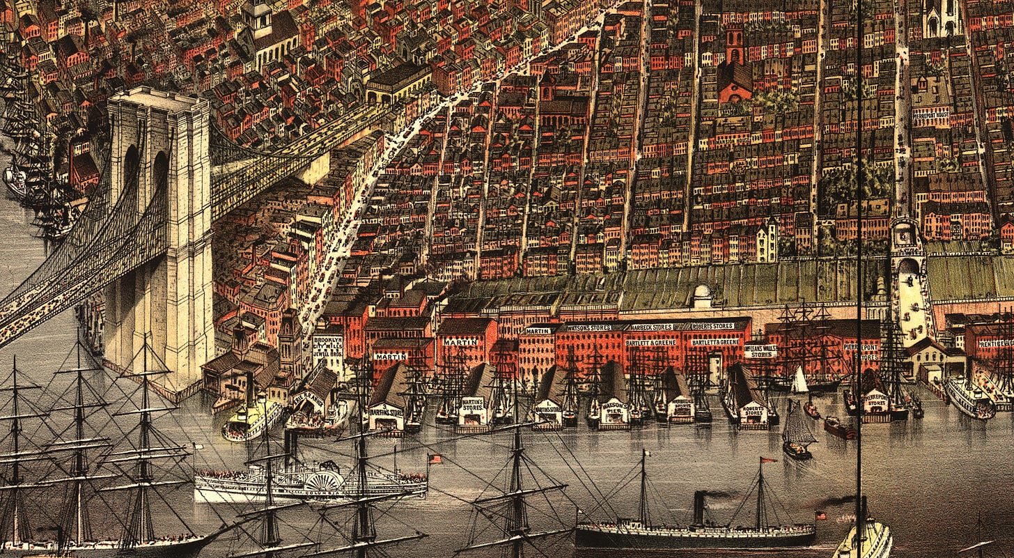 A bird's-eye view of Brooklyn by C.R. Parsons published by Currier & Ives in 1879 A bird's-eye view of Brooklyn by C.R. Parsons published by Currier & Ives in 1879