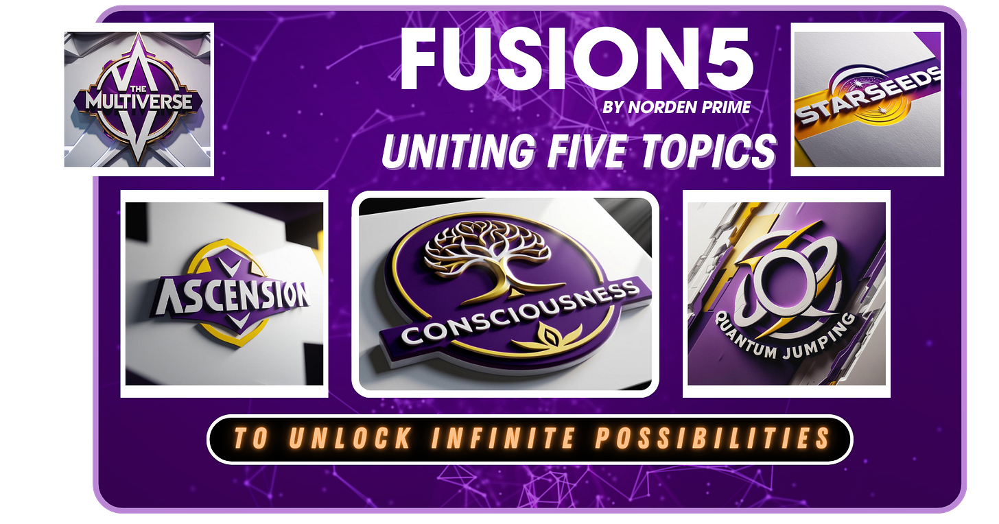 Five logos each representing a FUSION5 topic: Consciousness, The Multiverse, Ascension, Quantum Jumping, and Starseeds. Each logo features a unique icon and text. "FUSION5" is displayed with the tagline "Uniting Five Topics – To Unlock Infinite Possibilities”.