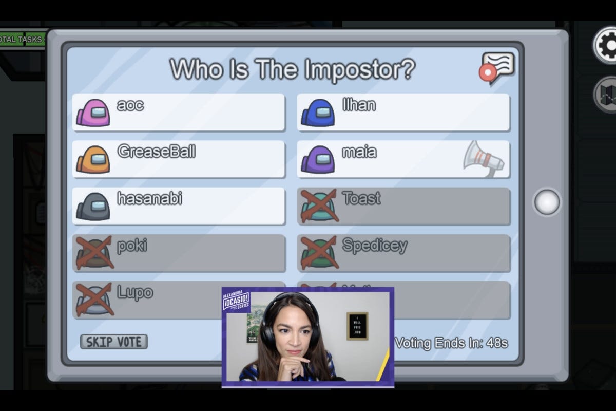 A screenshot of Alexandria Ocasio-Cortez playing Among Us on Twitch.