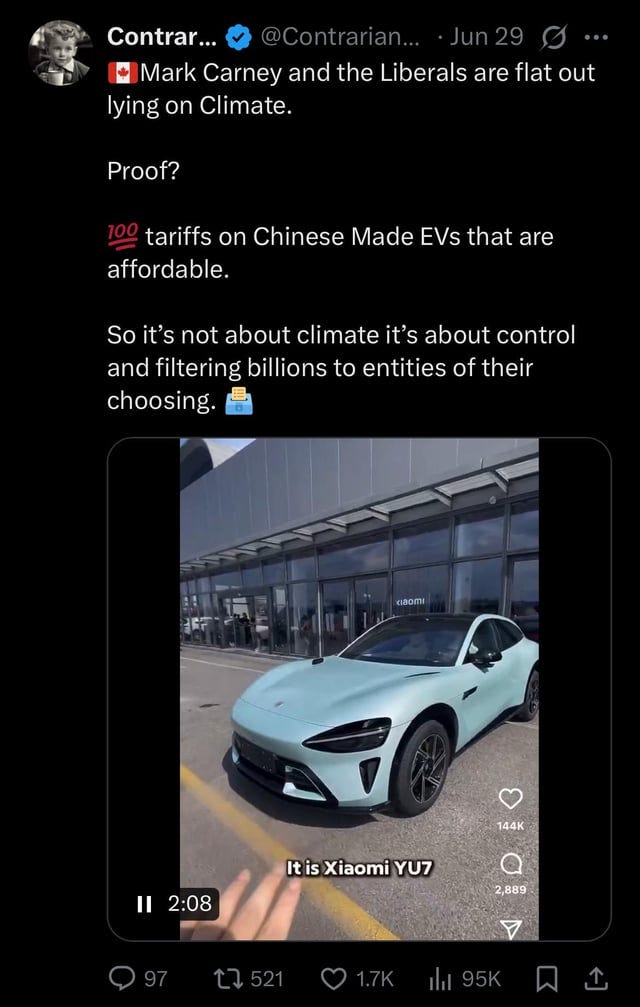 r/canadaleft - Conservatives are now calling out the governments 100% tariffs on Chinese evs lol