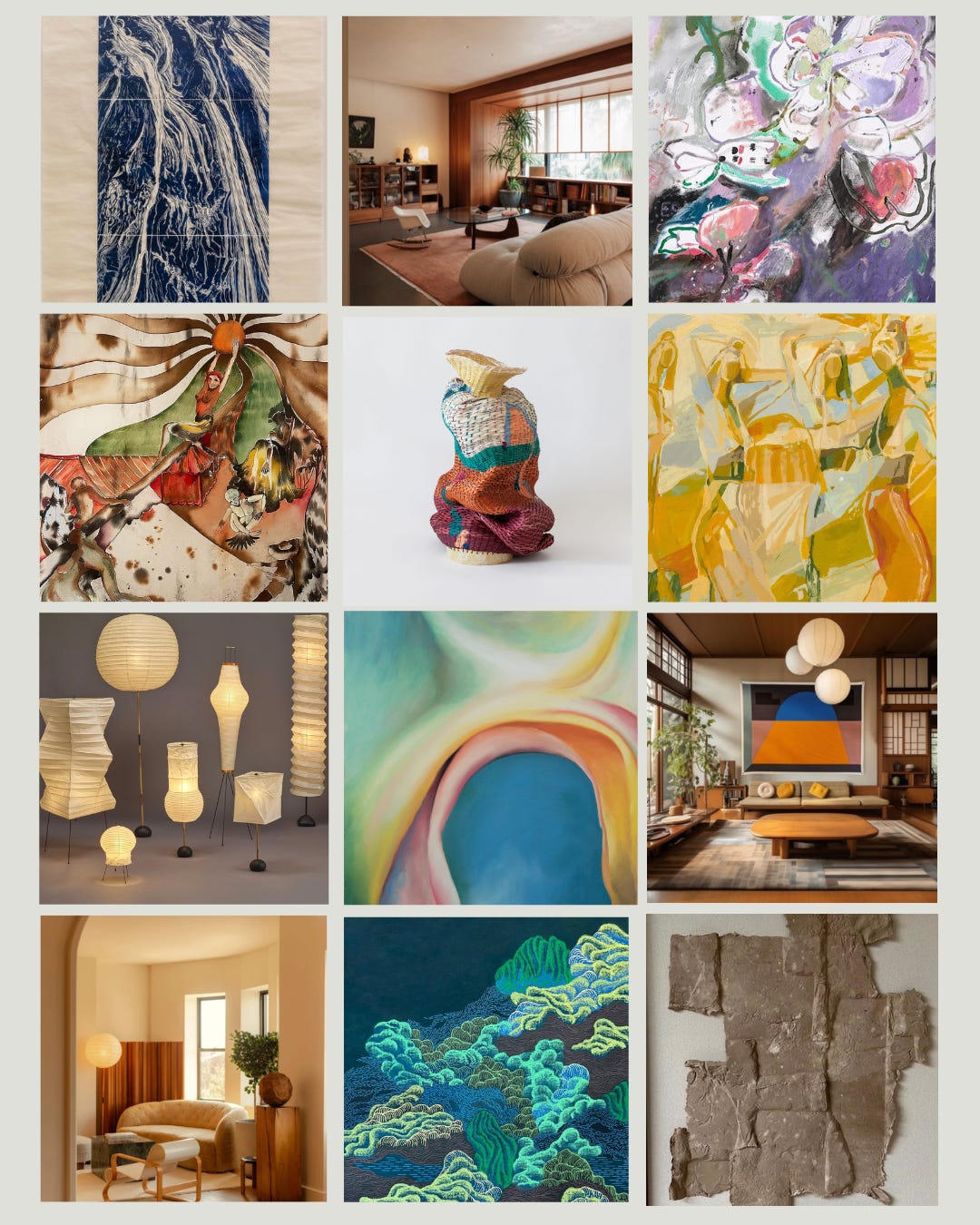 Organic Modernist: Full moodboard of tactile, hand-made works and serene interiors in sand, clay, and linen tones — organic modernism and natural warmth.