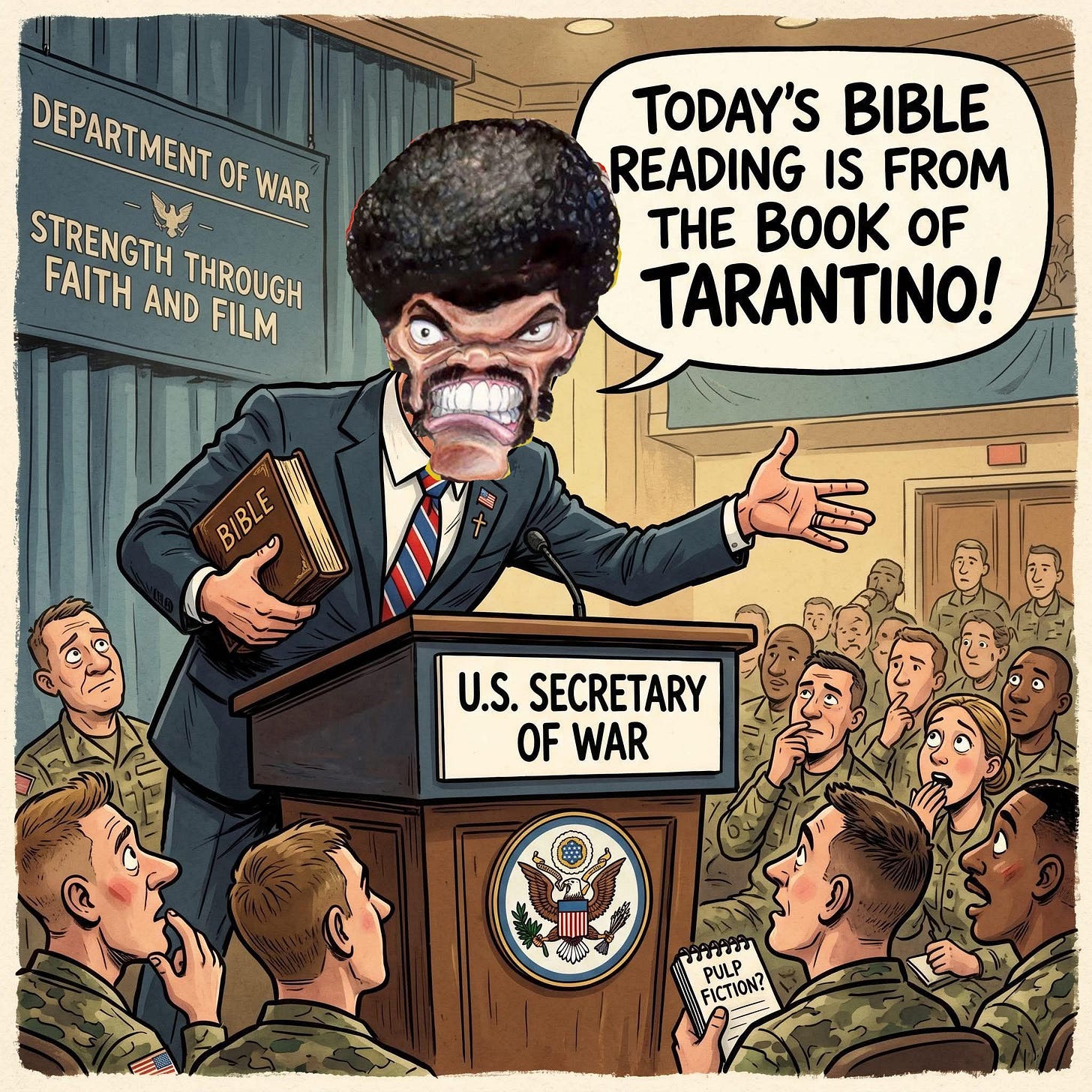 May be an image of ‎text that says '‎DEPARTMENT OF WAR STRENGTH w FAITH AND FILM THROUGH TODAY'S BIBLE READING IS FROM THE OF TARANTINO! BIBLE U.S. SECRETARY OF WAR النفاية ጠሽን PULP FICTION?‎'‎