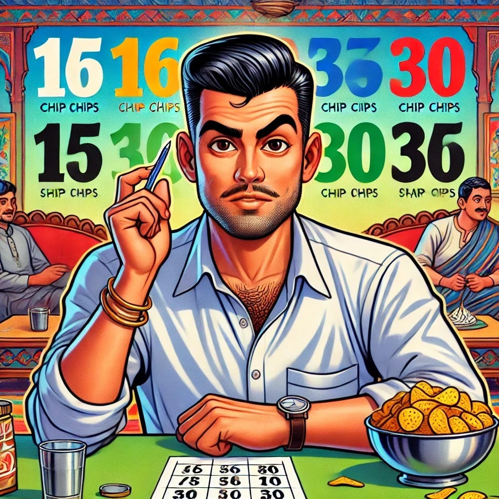 A cartoon-style illustration of a mid-forties Indian man with no mustache or facial hair (completely clean-shaven), a well-groomed appearance, and a good head of hair. He is seated at a table humorously ranking chips from 16 to 30, holding a chip in one hand and a pen in the other while jotting down notes on a paper. The setting is a vibrant, colorful living room with traditional Indian decor in a cartoon art style. Various chip bags and bowls are spread around the table, with large visible numbers marking their rankings. The mood is fun and lighthearted, emphasizing the man's clean-shaven look. A cartoon-style illustration of a mid-forties Indian man with no mustache or facial hair (completely clean-shaven), a well-groomed appearance, and a good head of hair. He is seated at a table humorously ranking chips from 16 to 30, holding a chip in one hand and a pen in the other while jotting down notes on a paper. The setting is a vibrant, colorful living room with traditional Indian decor in a cartoon art style. Various chip bags and bowls are spread around the table, with large visible numbers marking their rankings. The mood is fun and lighthearted, emphasizing the man's clean-shaven look.