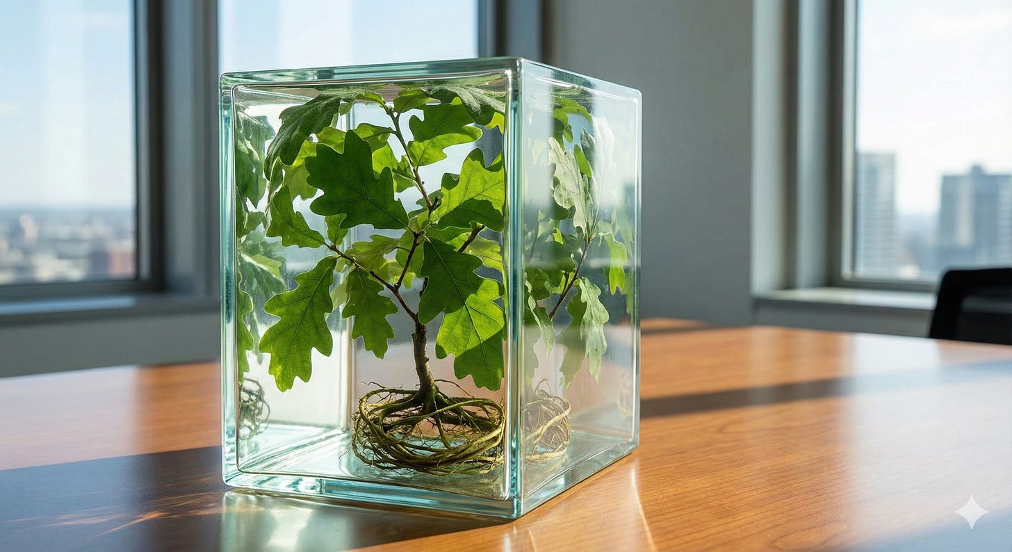 A conceptual photograph of a healthy oak sapling sealed inside a thick glass cube sitting on a sunlit office desk. The plant's leaves are pressed tightly against the glass walls, and its roots are visibly coiled at the bottom, showing growth constrained by its environment.