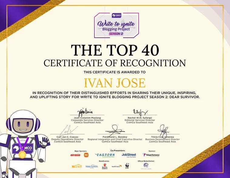 Write to Ignite Blogging Project Season 2 top 40 finalists certificate