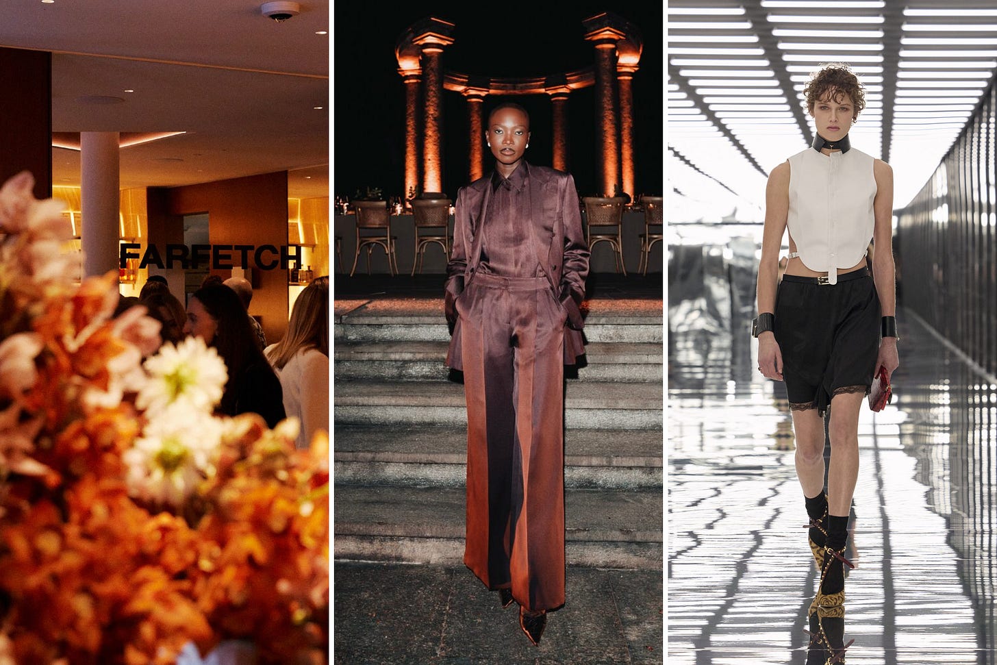 Three-panel collage showing FARFETCH’s private-client event, a guest in brown tailoring at Brioni’s event, and a Fendi Spring/Summer 2027 runway look.