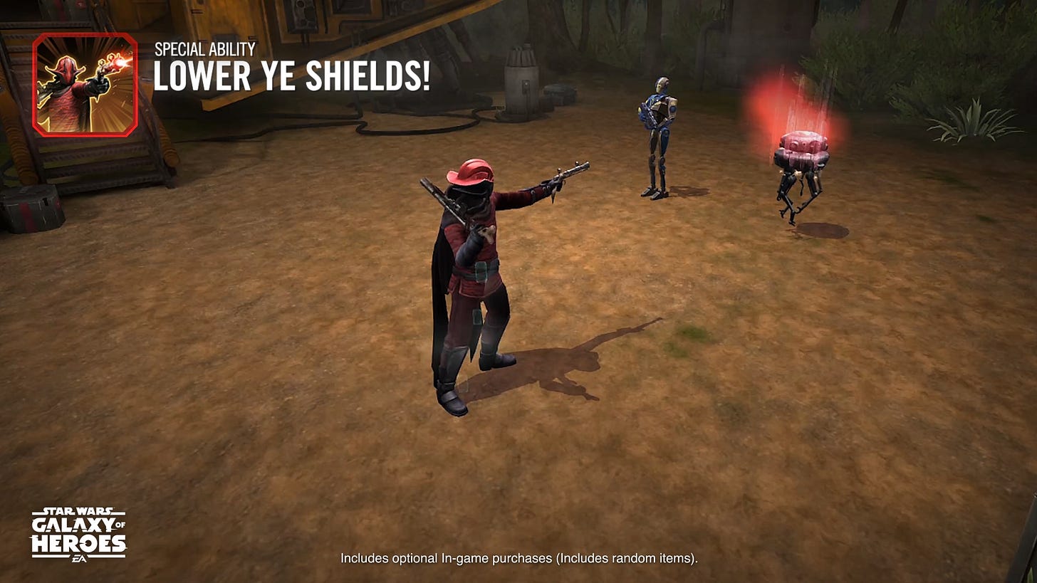 Star Wars character Captain Ithano performs the Lower Ye Shields! attack on a droid