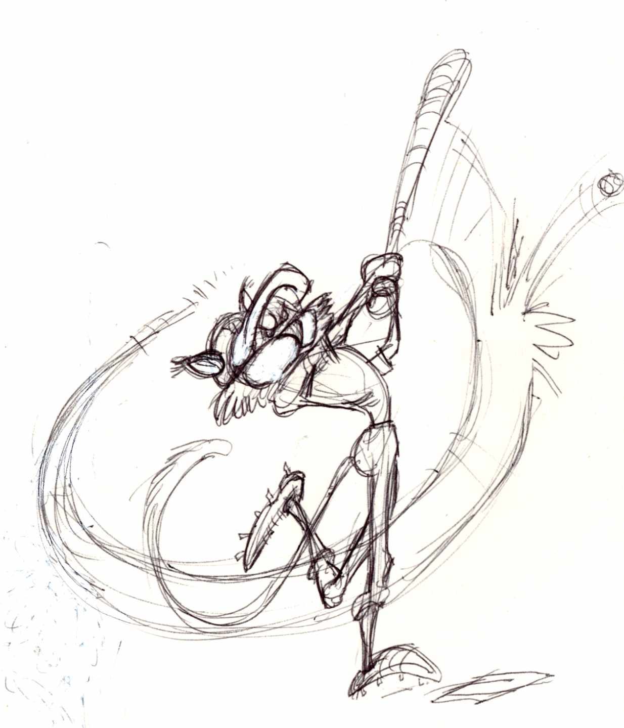 Ballpoint sketch of a mountain lion mascot getting a baseball hit.
